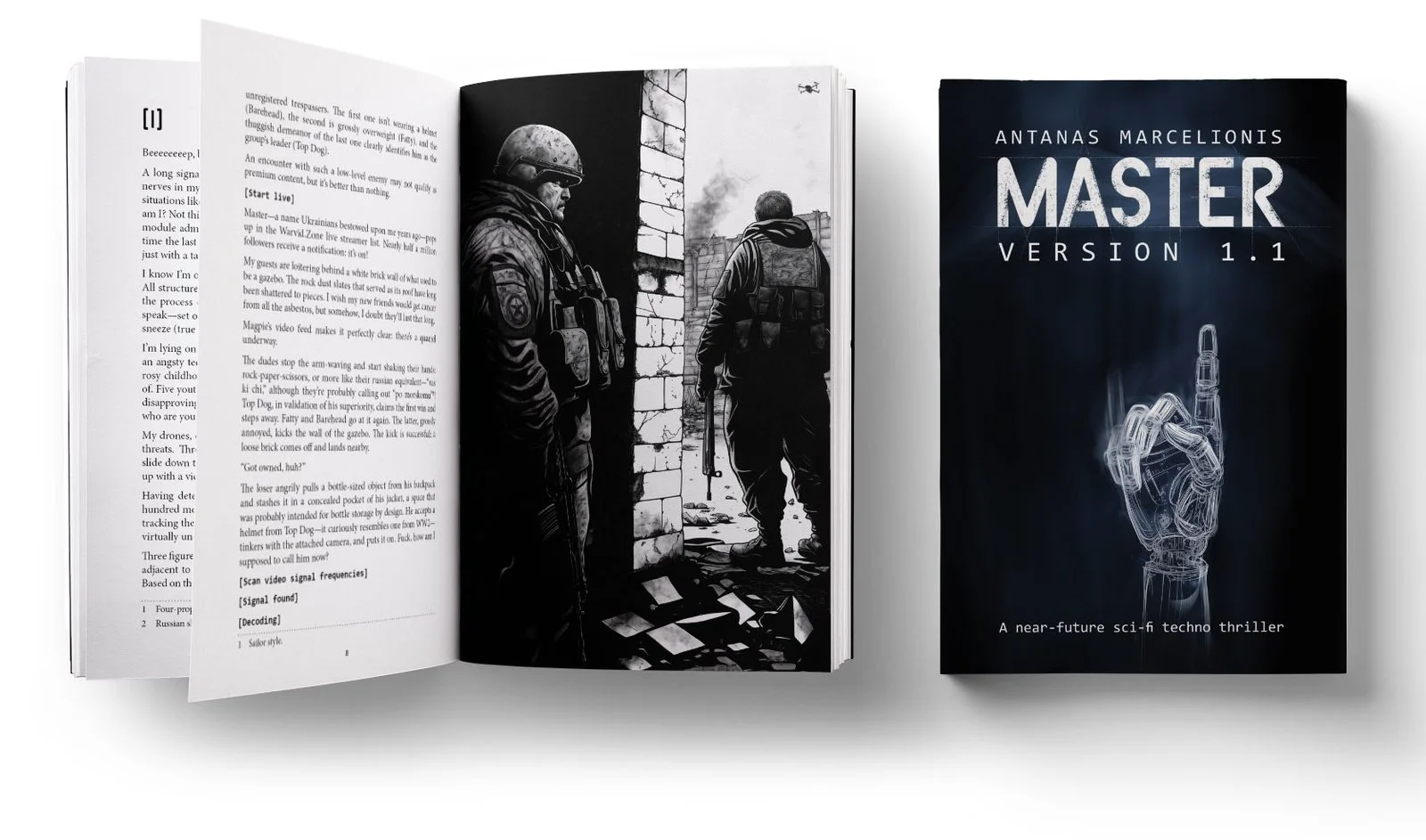 Master Versija 1.1: the paperback, open at an illustration, and its cover